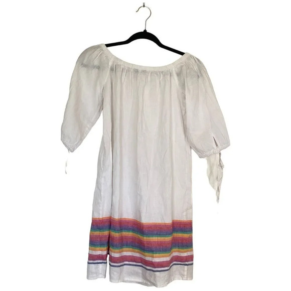 J Crew Linen Mini Dress White Rainbow Stripe Off Shoulder Size XS - Picture 3 of 9